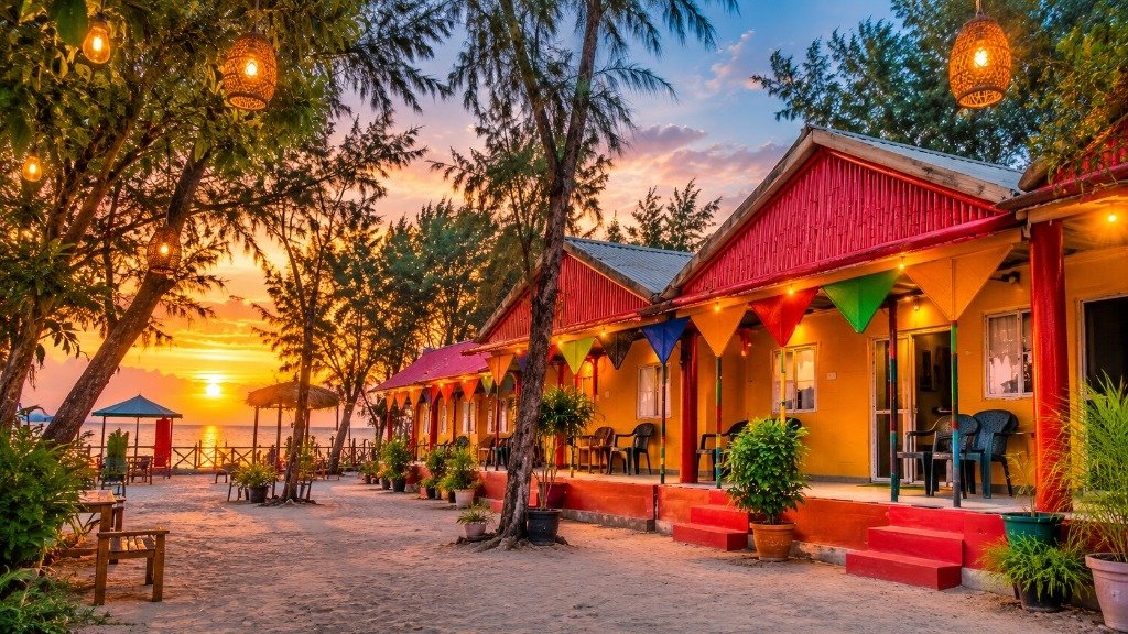Soubhagya Resort sunset view with cottages and ocean